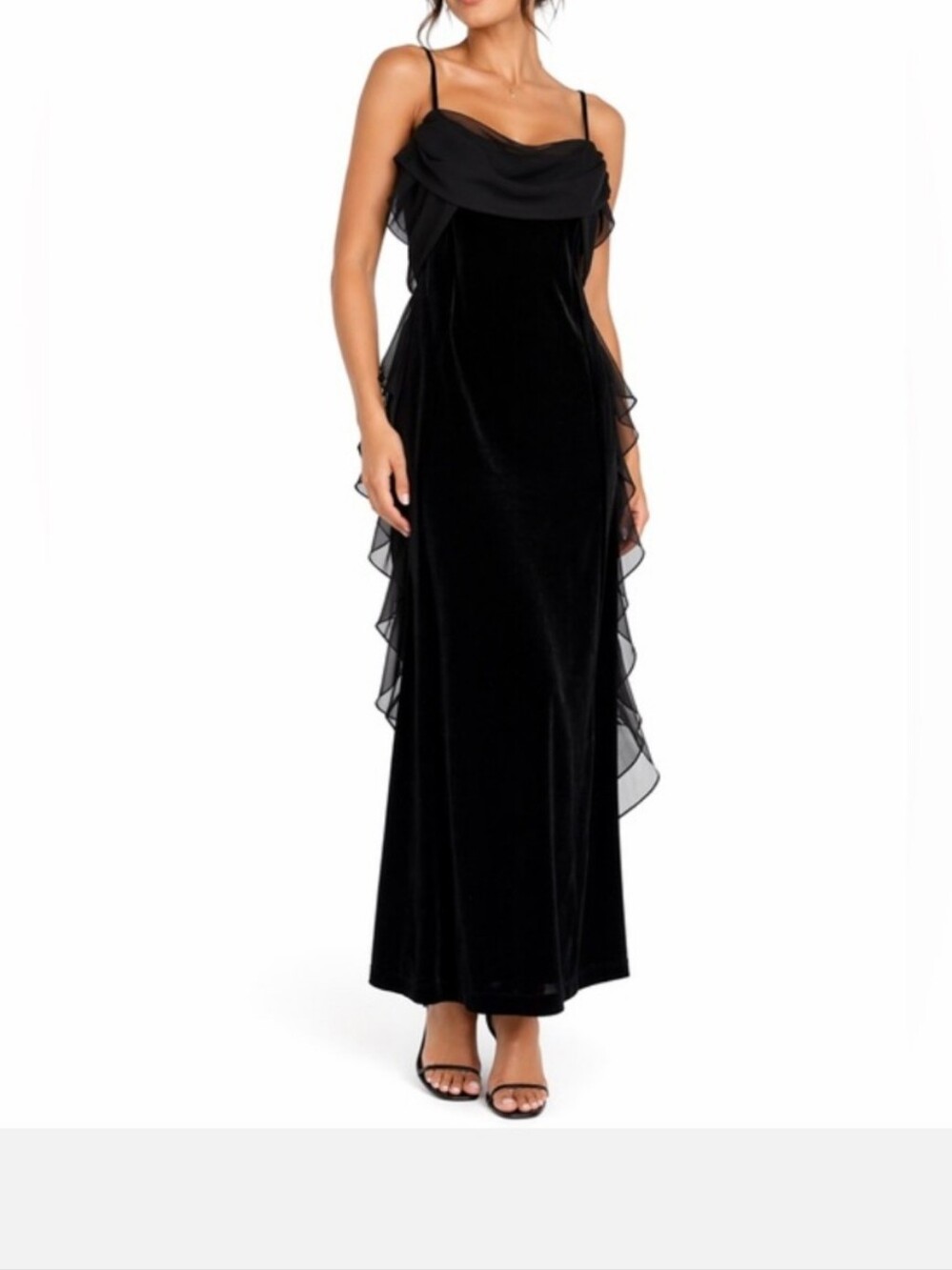 Black Velvet Draped Cowl Neck Maxi Skirt